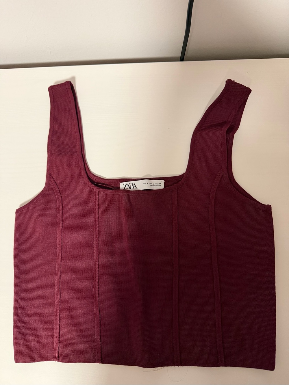 ZARA Square-Neck Ribbed Crop Top in Deep Wine